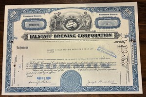 1966 Falstaff Brewing Common Stock Certificate - 11 shares