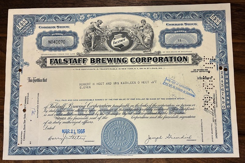 1966 Falstaff Brewing Common Stock Certificate - 11 shares
