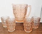 PINK HOLIDAY BUTTONS & BOWS JEANNETTE DEPRESSION GLASS PITCHER TUMBLER SET