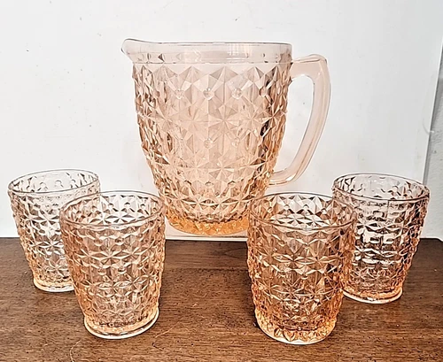 PINK HOLIDAY BUTTONS & BOWS JEANNETTE DEPRESSION GLASS PITCHER TUMBLER SET