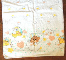 Vintage Morgan Sleepy Teddy Bear Flannel Receiving Baby Blanket Moon Clouds Star
