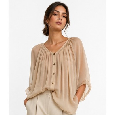 MM Couture by Miss Me Silk Pleated Button Front Blouse Tan Beige Medium