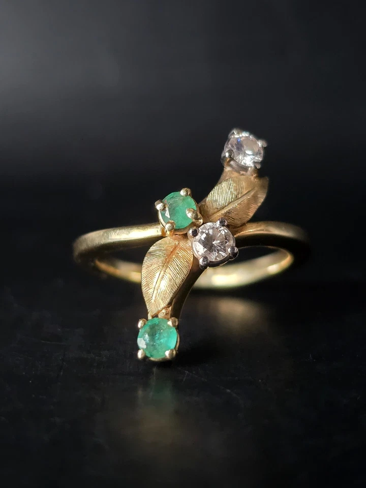Ring 585 Gold verspielter Blatt Ring mit Diamant & Smaragd Größe 53 (16,8mm Ø)💍 - Bild 4 von 4
