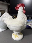 Vintage WESTMORELAND Milk Glass Standing Rooster Covered Dish - Yellow Feet - 9"