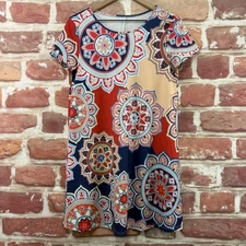 Boutique Dress Womens XS Multicolor Boho Floral Mandala Casual Stretchy Popover