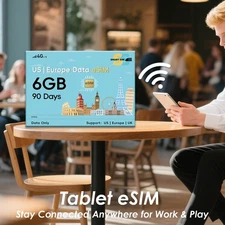 4G LTE Travel Data eSIM: 6GB 90Days for US, Europe & UK Trips