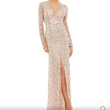 Mac Duggal Embellished Front Slit Long Sleeve Dress Rose Gold Gown Size 12
