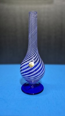 Pasabahce Crystal Vase Blue & White Pin Striped Spiral Design TS 6500 9'' Tall 