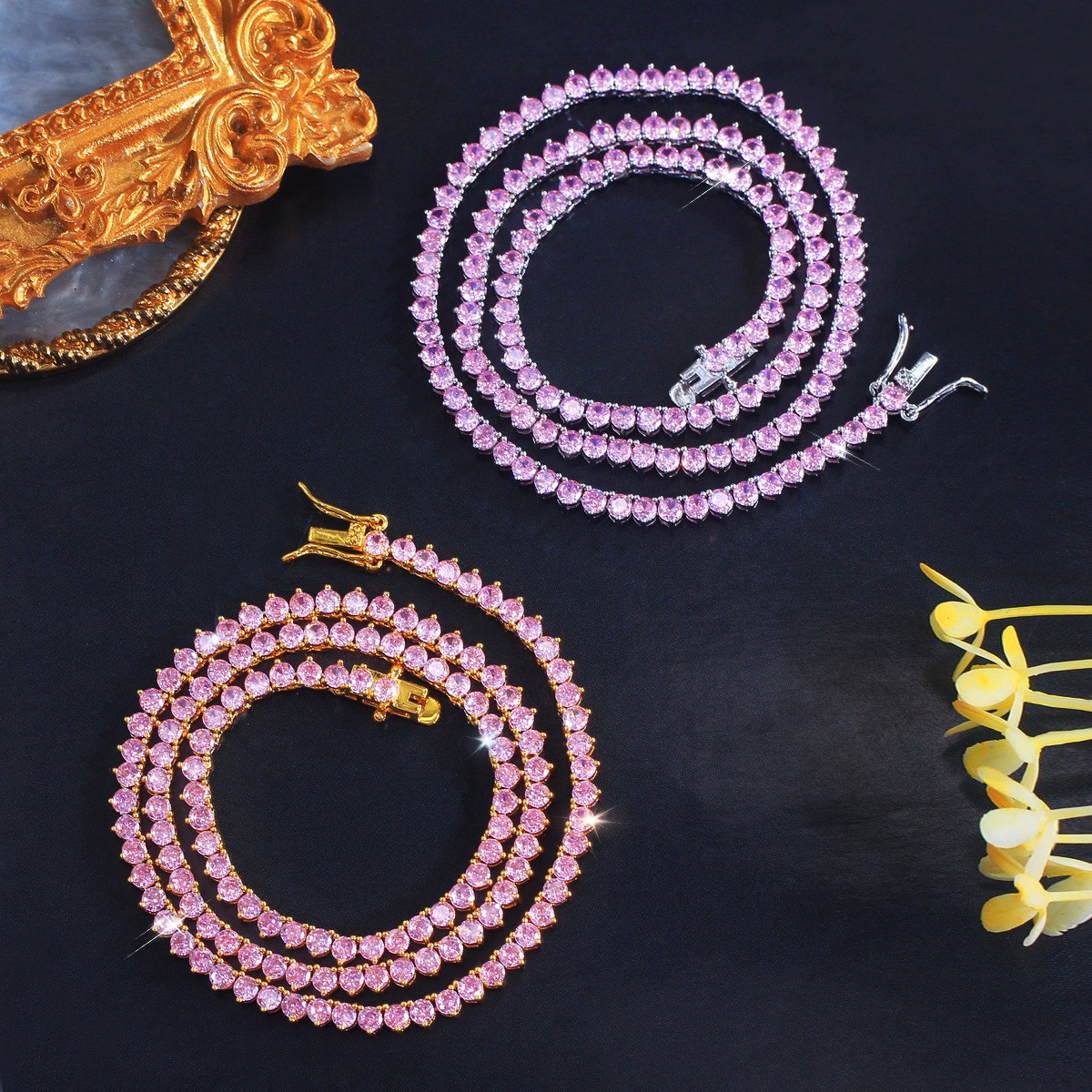3mm Pink Round Cubic Zirconia Gold Plated Tennis Necklace Women Wedding Jewelry