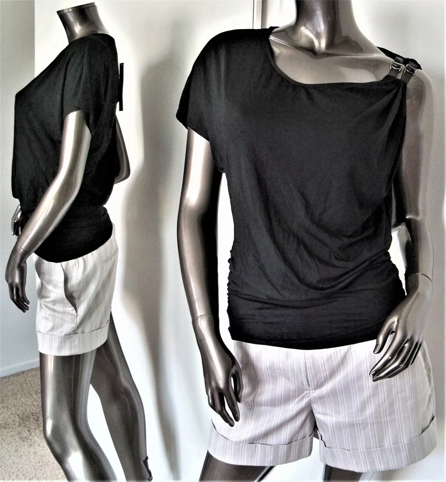 NUEVO CON ETIQUETAS-PANTALÓN CORTO CATHERINE MALANDRINO GRIS BLANCO A RAYAS CON PUÑOS TALLA 4 MSP $245 Foto 4 de 4