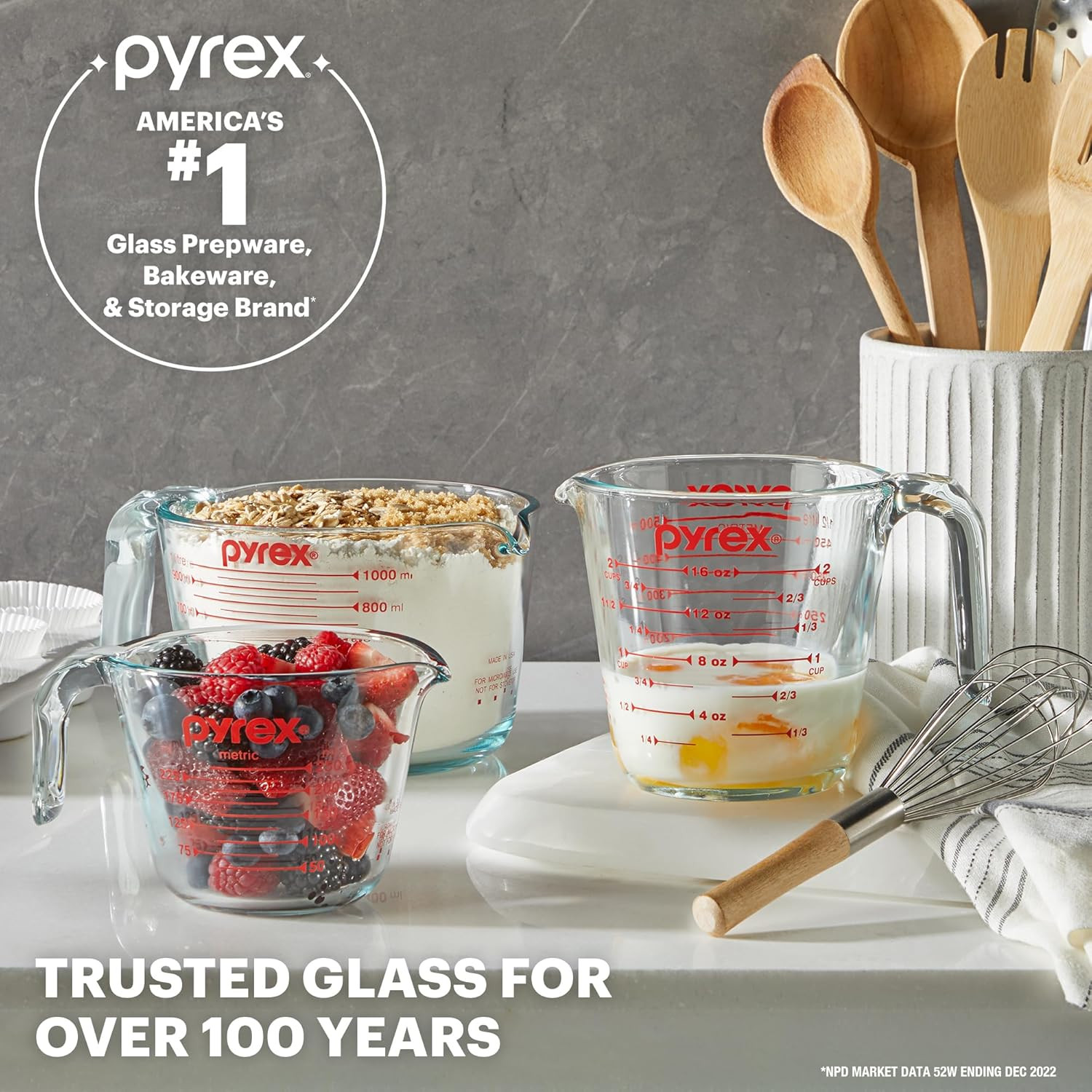 Pyrex Essentials (3-Pack) Glass Measuring Cups Set, (1, 2 & 4 Cup) Measuring Cup