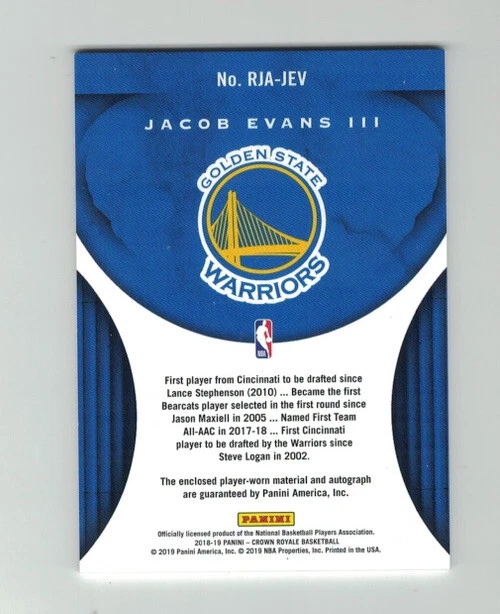 JACOB EVANS III 2018-19 Panini Crown Royale GOLD PATCH AUTO #8/25 ROOKIE RC - Image 2 of 2