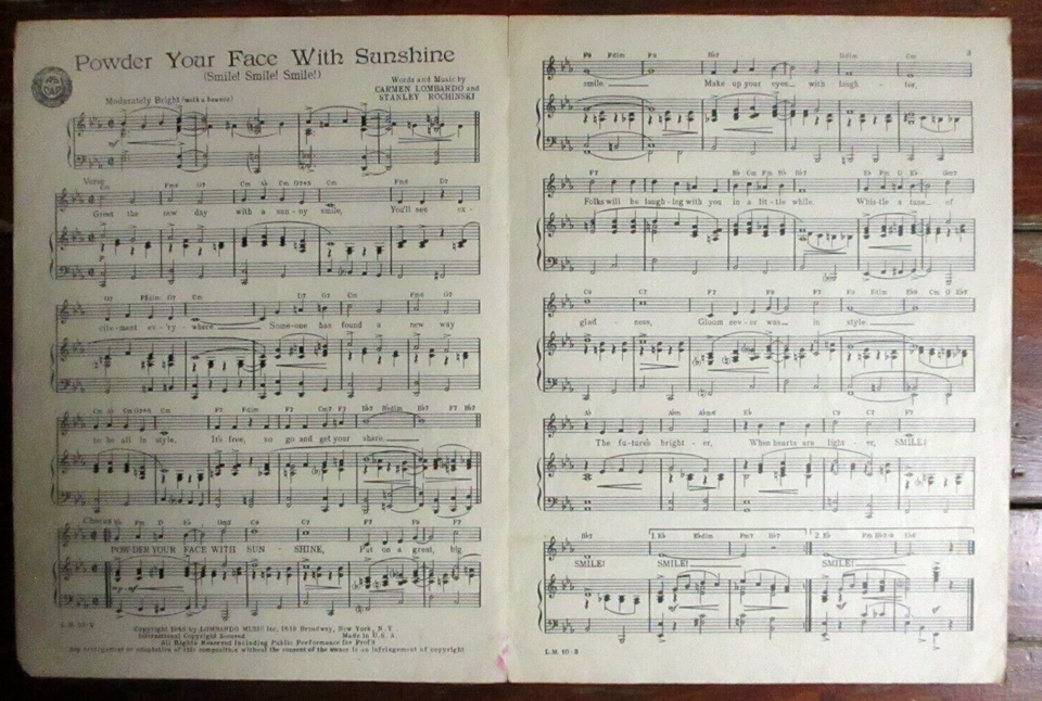 "POWDER YOUR FACE WITH SUNSHINE" VINTAGE SHEET MUSIC GREAT EARLY PAPER