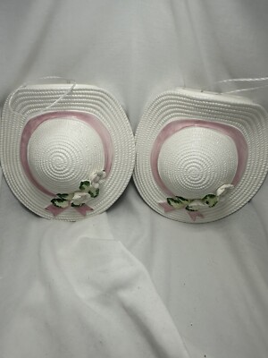 Set Of 2  White Ceramic Straw Sun Hats  Wall Pocket Planters  Pink Ribbon