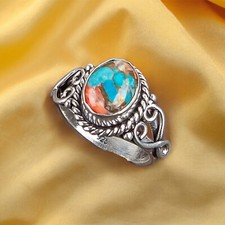 925 Sterling Silver Spiny Oyster Copper Turquoise Gemstone Ring All Size Gift DS