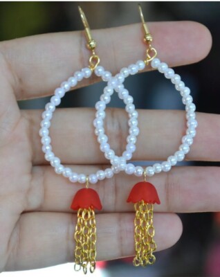 Handmade Red Flower White Bead Gold Plated Chain Teardrop Earring