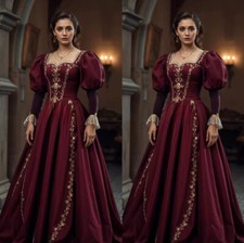 Renaissance Wedding Burgundy Vintage Bubble Long Sleeve Satin Appliqued Floral
