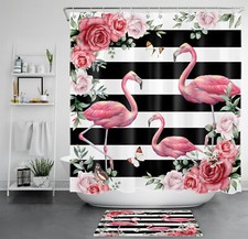 Butterfly Flamingo Black White Striped Shower Curtain Bathroom Accessories Set