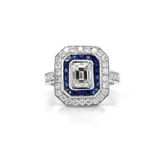 Vintage Art Deco Inspired Old European Cut CZ  Blue Sapphire Engagement Ring