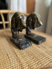Nice ! Vintage Bassett Hound Cast Steel Bookends on Marble
