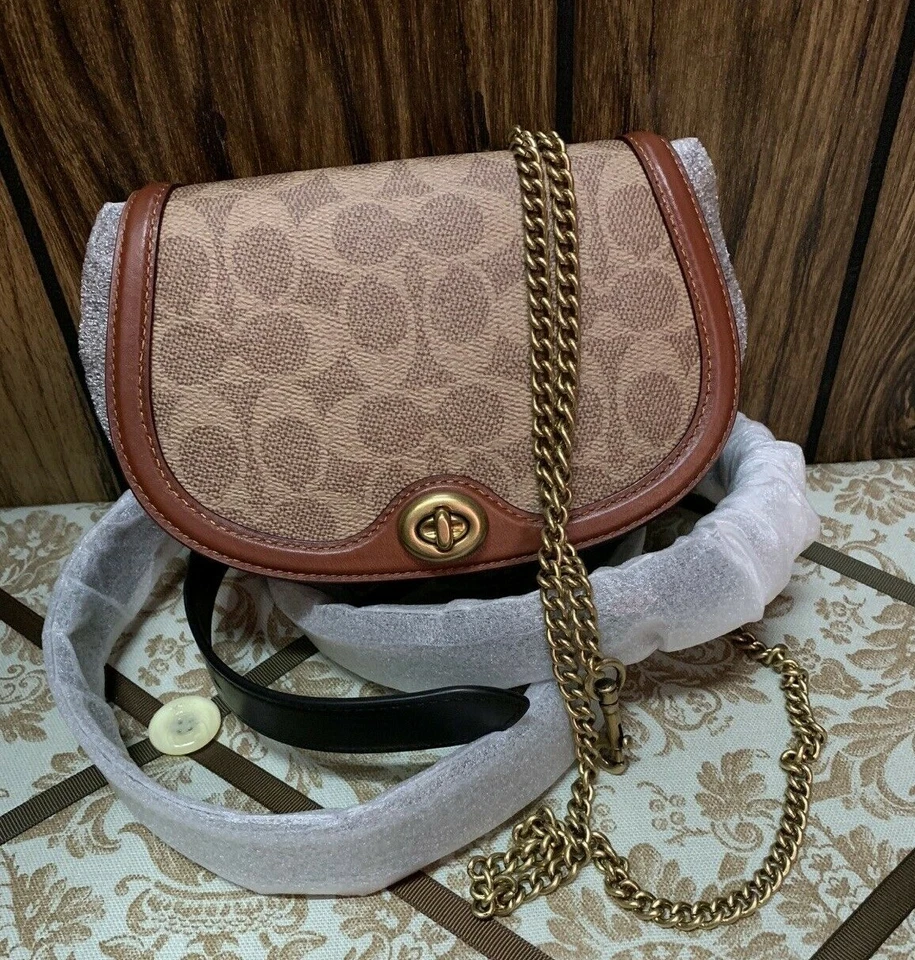 COACH Signature Saddle Belt Bag Chain Crossbody Bag Tan/Rust/Brass - Image 4 of 4