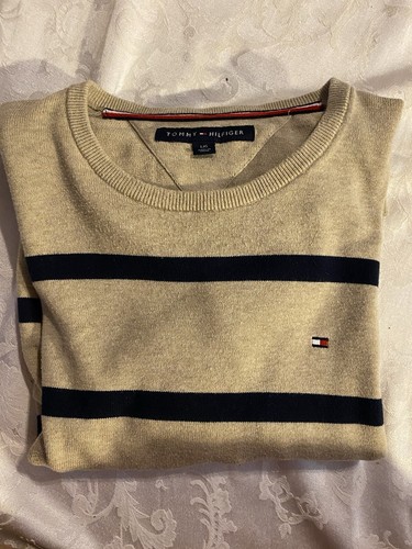 Tommy Hilfiger Women’s Tan & Navy Striped Sweater Sz L, EUC Ribbed Cuffs & Cuffs - Picture 6 of 6