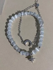 2PCS Cat's Eye Natural Healing Crystal Energy Stone Silver Moon &Star Bracelet