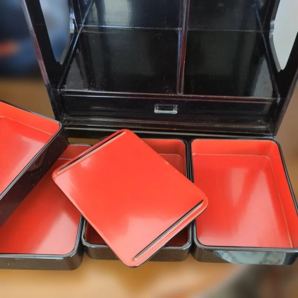 Jubako Bento Box Japanese Antique handheld lunch box wooden lacquer plate 4 tier Jubako Bento Box Japanese Antique handheld lunch box wooden lacquer plate 4 tier