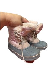 Girls' Pink Gray Quilted Faux Fur Lined Lace Up Winter Snow Boots