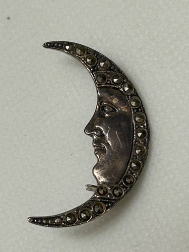 Vintage Sterling Silver and marcasite Moon Face  brooch/pin