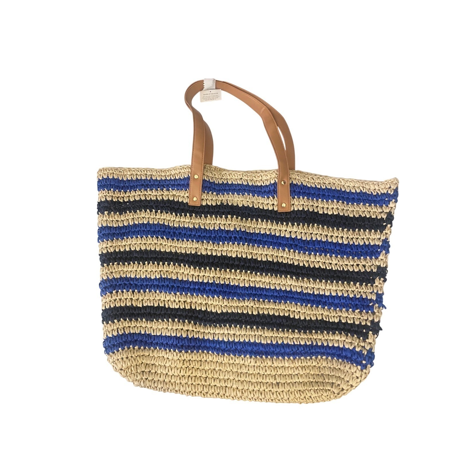 NWOT Mark & Graham COLORFUL STRIPE STRAW TOTE. Blue Black Mono Removed