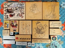 Lot 13 Christmas Wood Rubber Stamps Santa Merry Christmas Bells Sleigh Reindeer