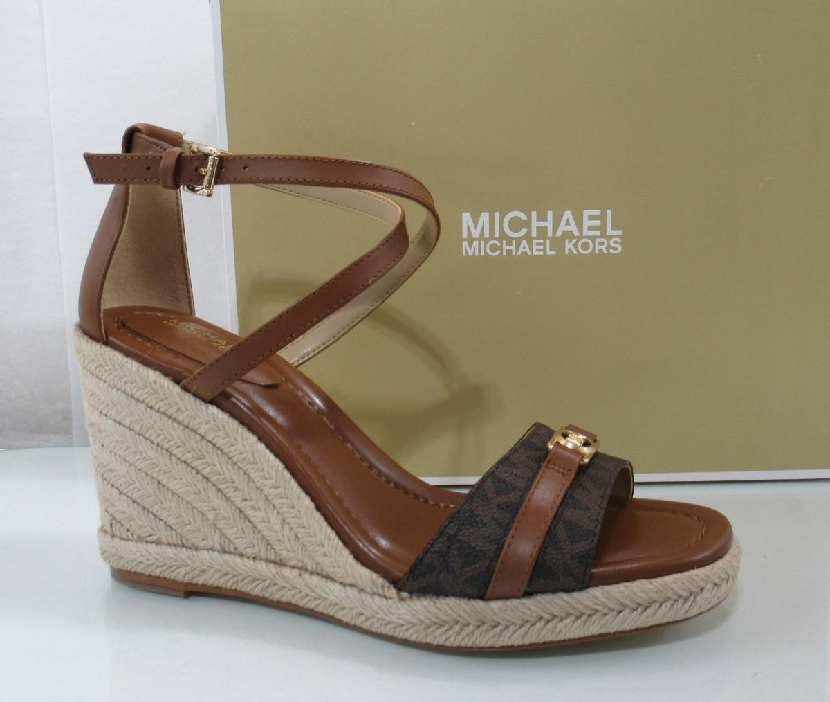 Michael Kors Mandy Espadrille Wedge Heels Sandals MK Logo Brown