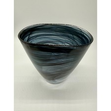 Vintage Hand Blown Art Glass Vase - Smoky Grey  Black Swirl - 7.5" Tapered Oval