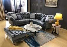 Chesterfield Grey Elegance 2C2 Sofa with cushion matching Footstool Plush Velvet