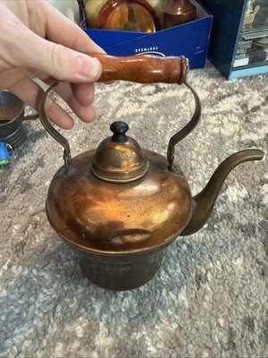 Vintage Copper Coated Tea Kettle Or Teapot With Lid & Wood Handle