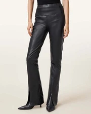 $599 AllSaints Cora High Rise 100% Sheep Leather Black Flared Pants Leggings 8
