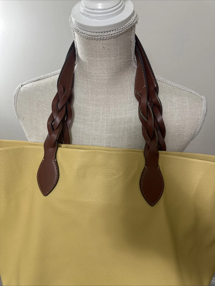 ST. JOHN'S BAY Yellow Faux Pebbled Leather Satchel Tote with Cognac Brown Trim - Image 4 of 4