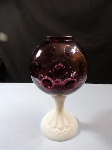 Fenton Amethyst Purple Glass Coin Dot Footed Ivy Ball Vase w/ Milk Glass Foot