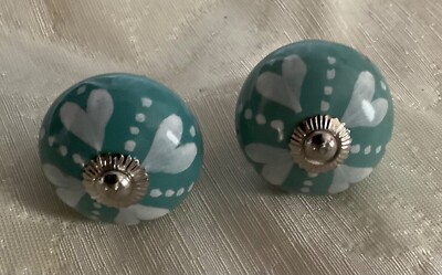 2 Ceramic Hand Painted Cabinet Drawer Knobs Green white hearts Floral 1.5  acros