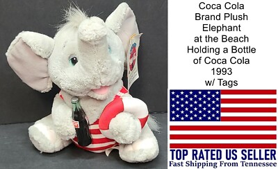 Coca Cola Brand Plush Elephant at the Beach Holding a Bottle of Coca Cola 1993