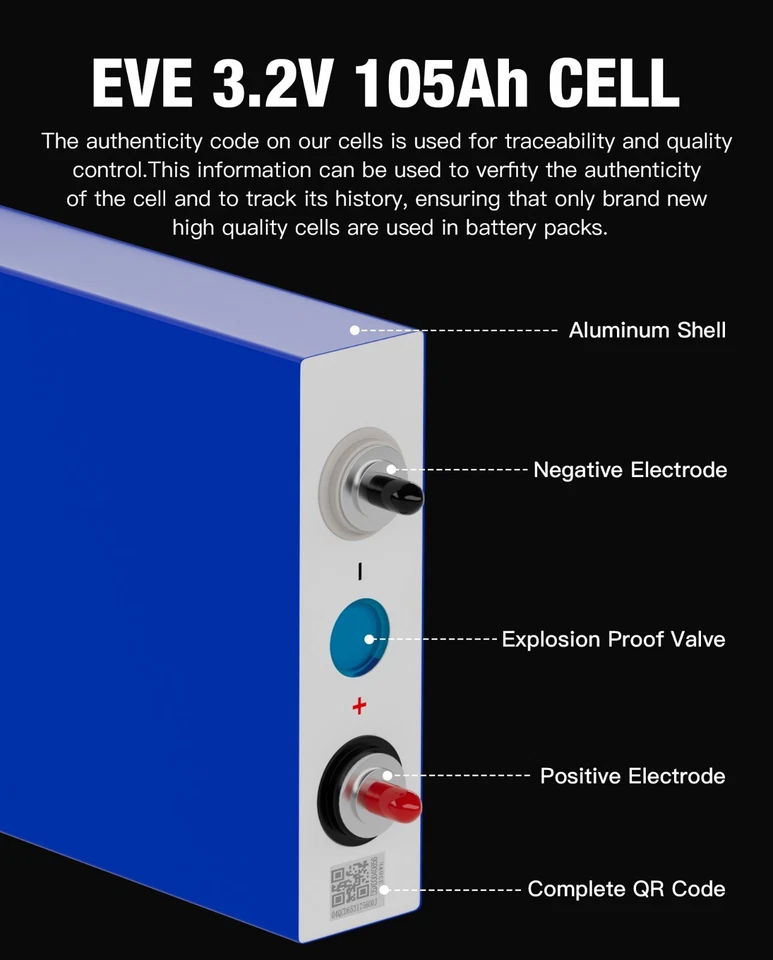 3.2V 105Ah LiFePo4 Lithium Iron EVE Cells DIY 12V 24V 36V 48V Battery Grade A+ - Image 2 of 4