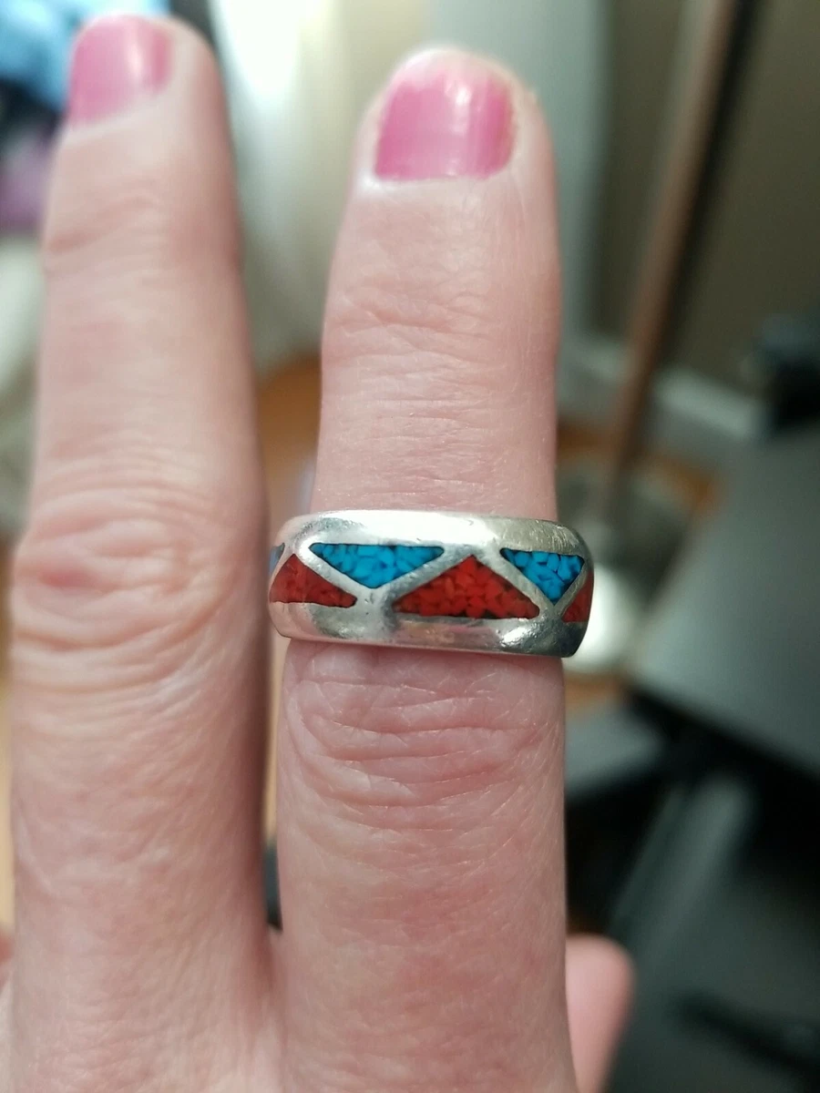 STERLING SILVER NAVAJO TRADITIONAL WEDDING BAND INLAID TURQUOISE
