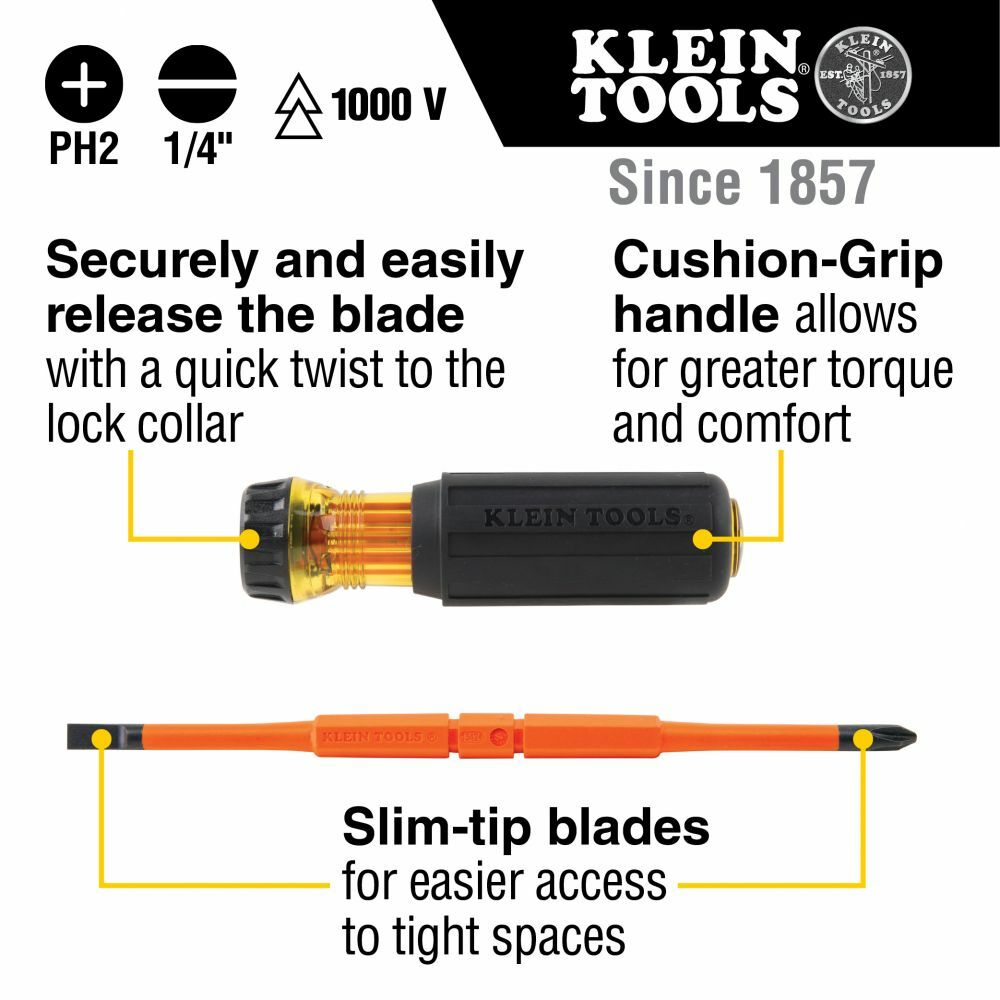 Klein 32293 Flip-Blade Insulated Screwdriver, 2-in1, Ph Bit #2, Sl