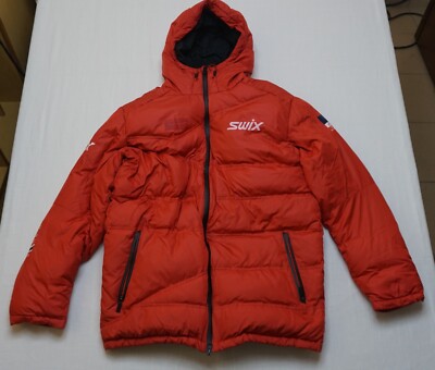 SWIX NORGE Down Jacket Mens Coat Hooded Ski Puffer Parka Red Size XL