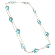 Aquamarine Gemstone Handmade 925 Sterling Silver Jewelry Necklace Sz 36"