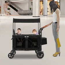 2 Kids Wagon Cart 2-Seat Stroller Wagon Collapsible Quad with Canopy For Travel