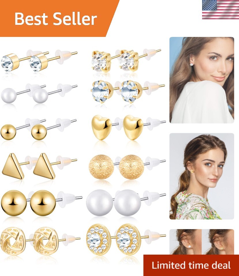 24-Pair Elegant Crystal Pearl Stud Earrings for Fashion Lovers
