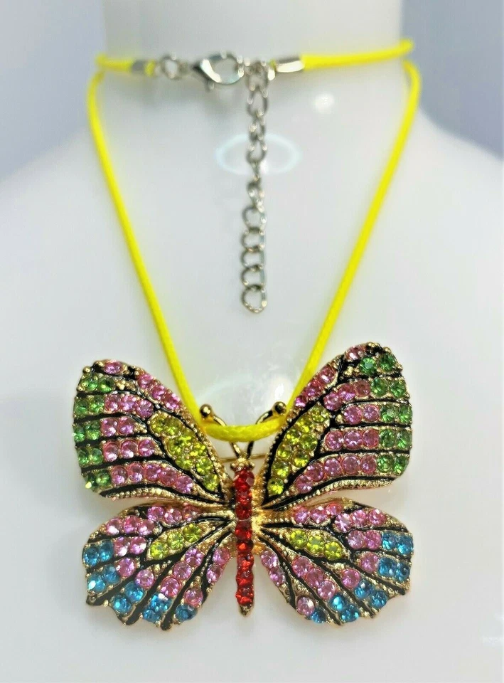 MULTI COLOR RAINBOW CRYSTAL BUTTERFLY PIN/PENDANT YELLOW LEATHER CORD - Image 3 of 4