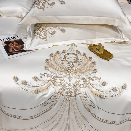 Luxury Gold Feather Embroidery Egyptian Cotton Duvet Cover Bed Sheet Bedding Set - Picture 3 of 17